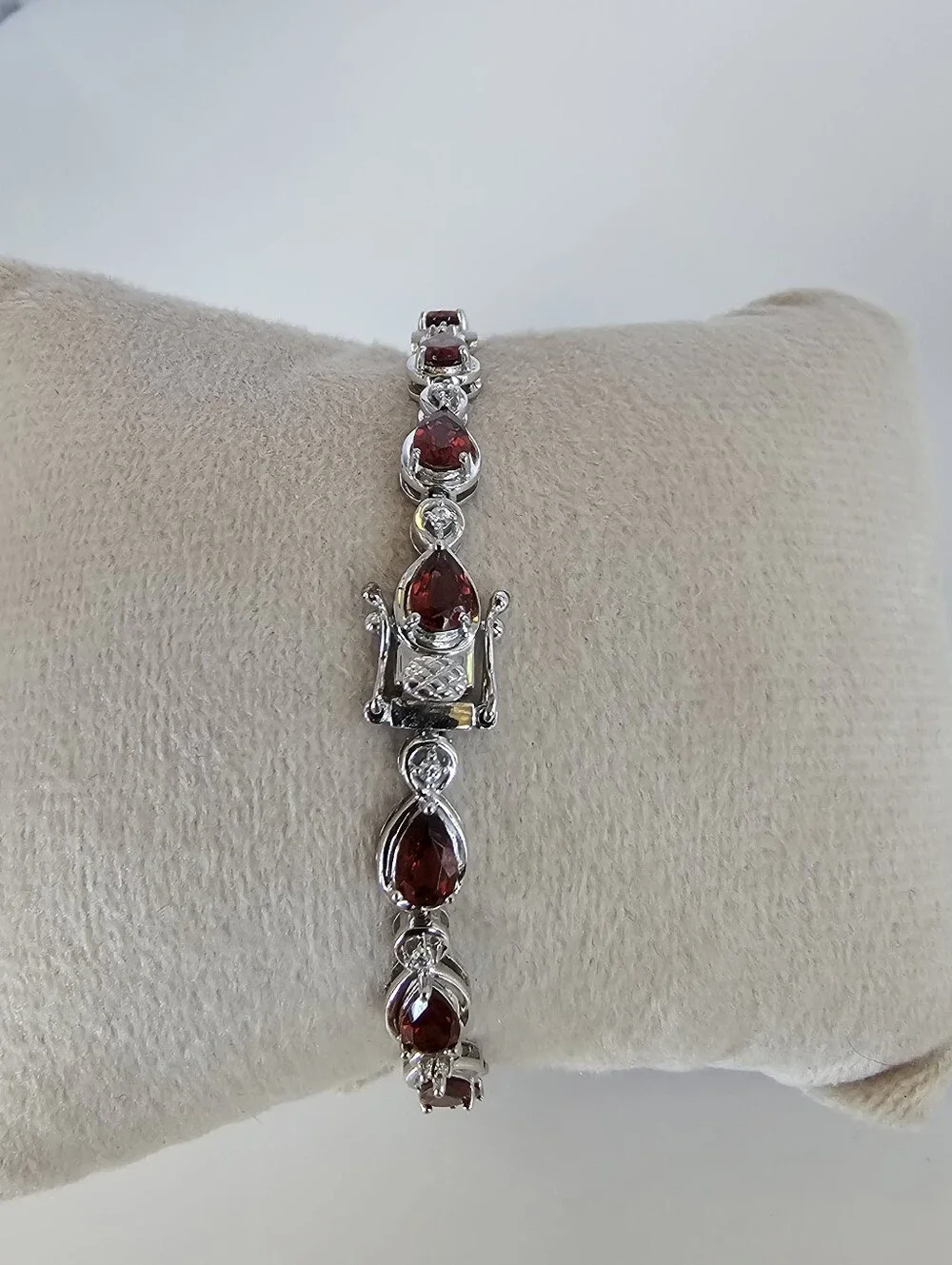 Genuine Garnet & White Zircon Tennis Bracelet Sterling Silver Rhodium 7